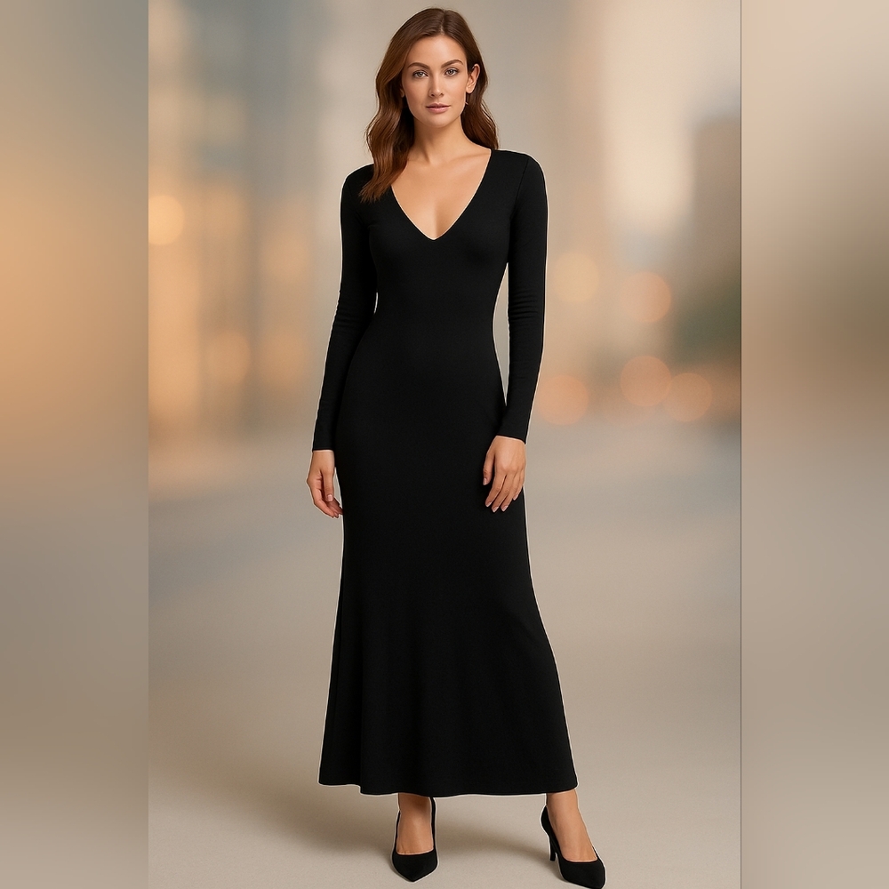 Express Black Long Sleeve Maxi Dress XS Open Back Casual Cocktail Party Elegant